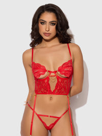 Cecily Lace & Chain Bustier & Backless Hipster Set Red