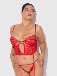 Cecily Lace & Chain Bustier & Backless Hipster Set Red