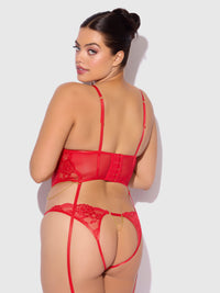 Cecily Lace & Chain Bustier & Backless Hipster Set Red