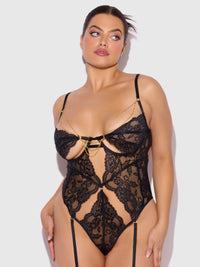 Cecily Lace & Chain Gartered Teddy Black