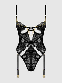 Cecily Lace & Chain Gartered Teddy Black