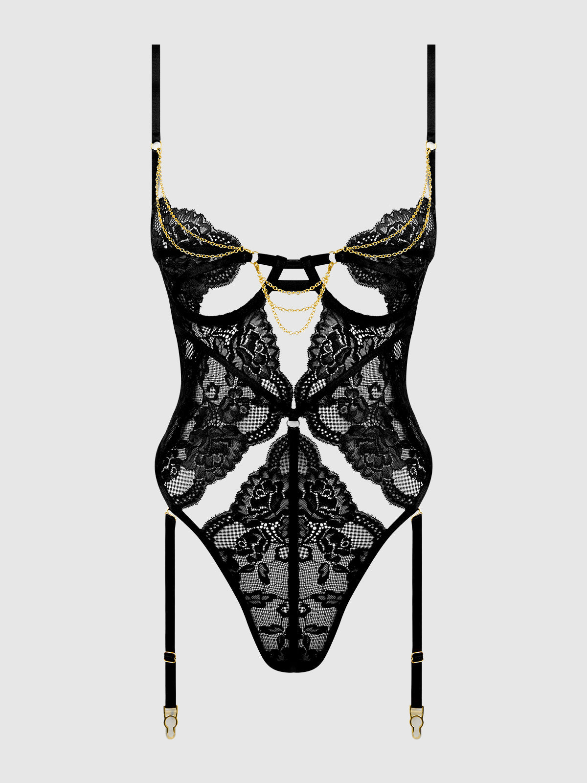 Cecily Lace & Chain Gartered Teddy Black