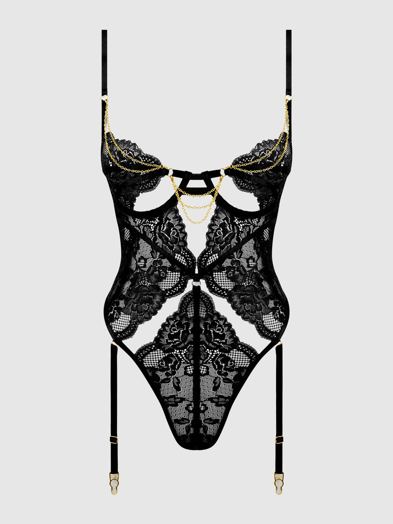 Cecily Lace & Chain Gartered Teddy Black