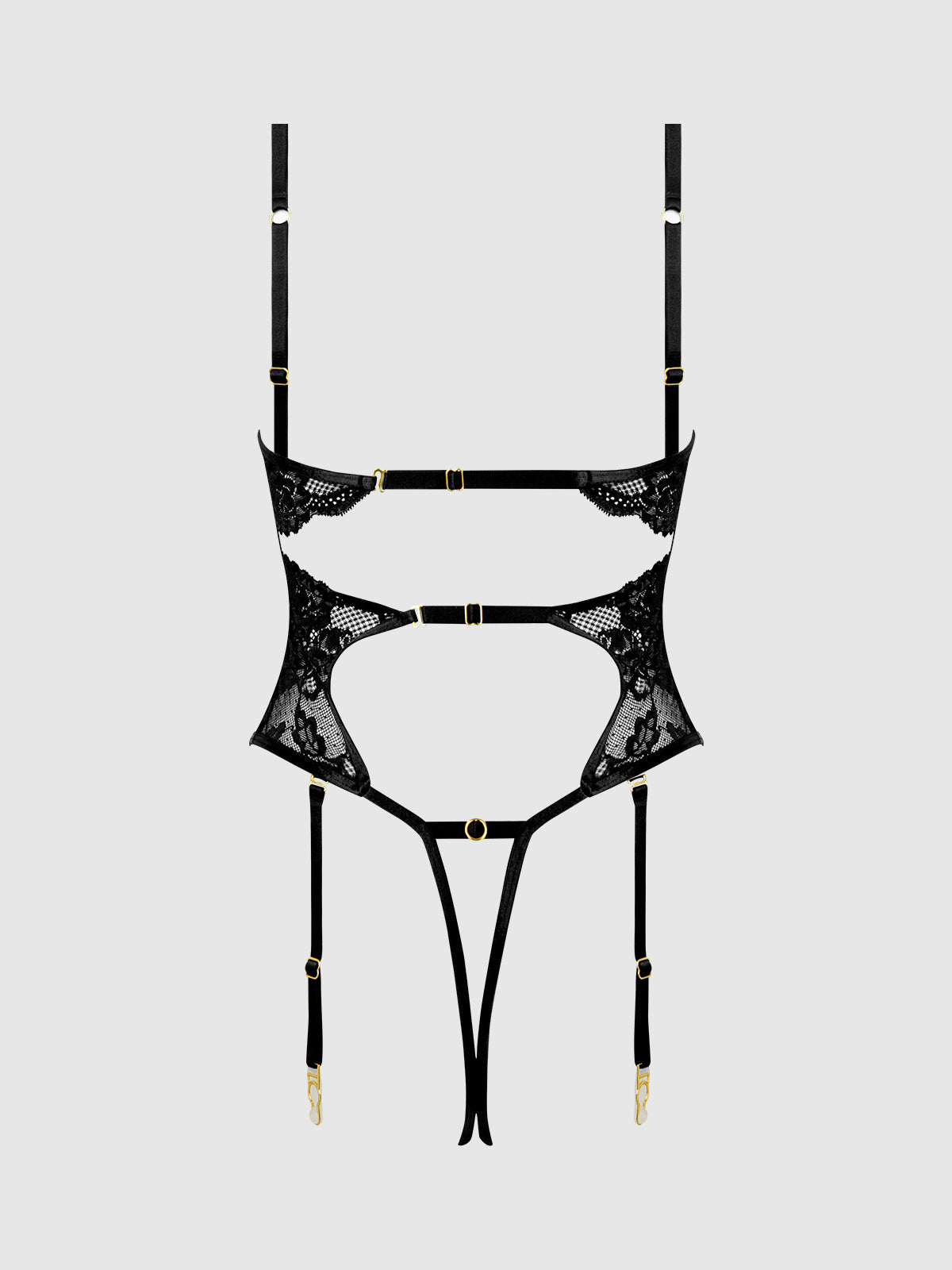 Cecily Lace & Chain Gartered Teddy Black