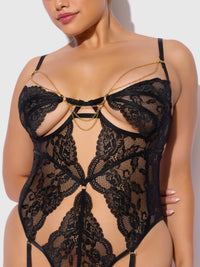 Cecily Lace & Chain Gartered Teddy Black