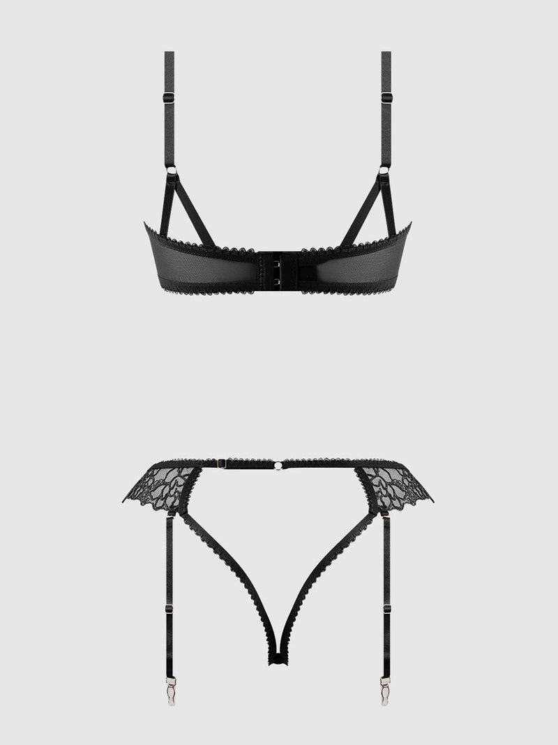Eden Embroidered Lace Bra and Backless Hipster Set Black