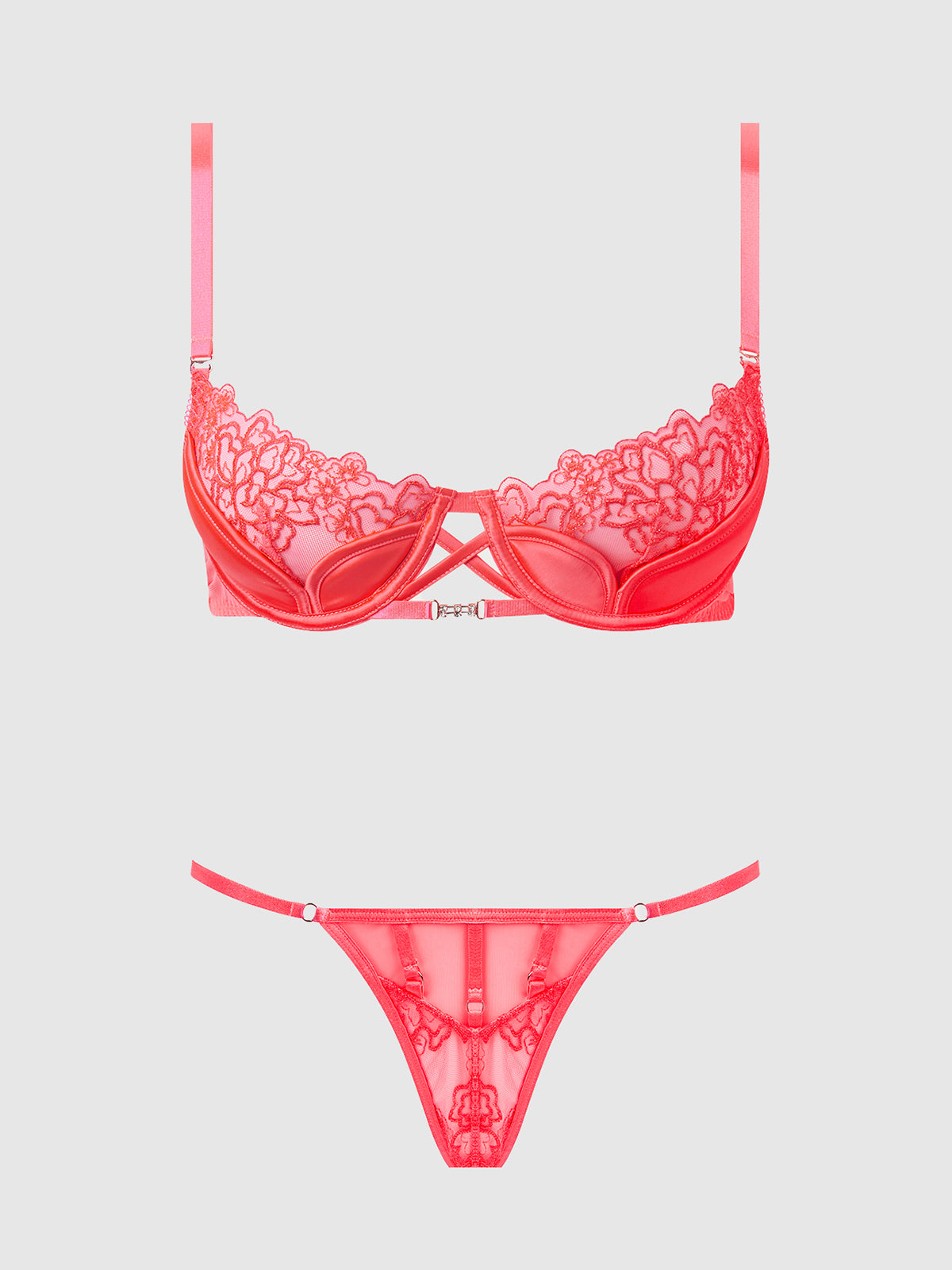 Eden Embroidered Lace Satin Cups Bra & G-String Set Coral