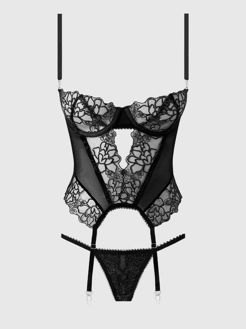 Eden Embroidered Lace Bustier & G-String Set Black