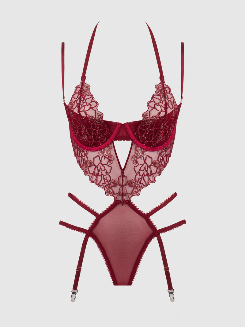 Eden Embroidered Lace Gartered Teddy Rhubarb