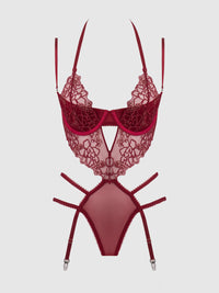 Eden Embroidered Lace Gartered Teddy Black