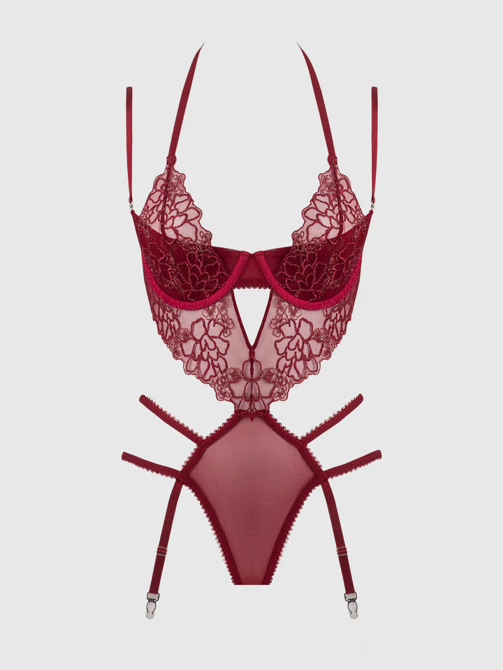 House of Desire Eden Embroidered Lace Teddy Red