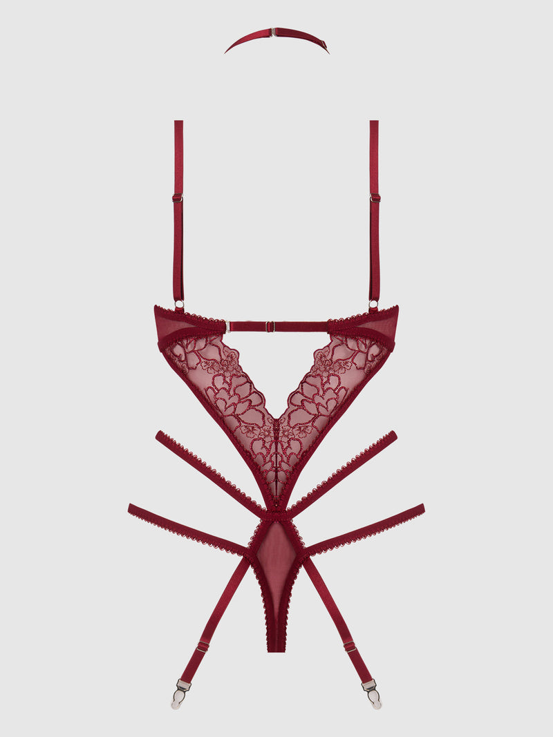 Eden Embroidered Lace Gartered Teddy Rhubarb