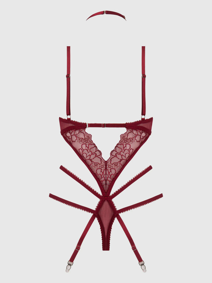 House of Desire Eden Embroidered Lace Teddy Red