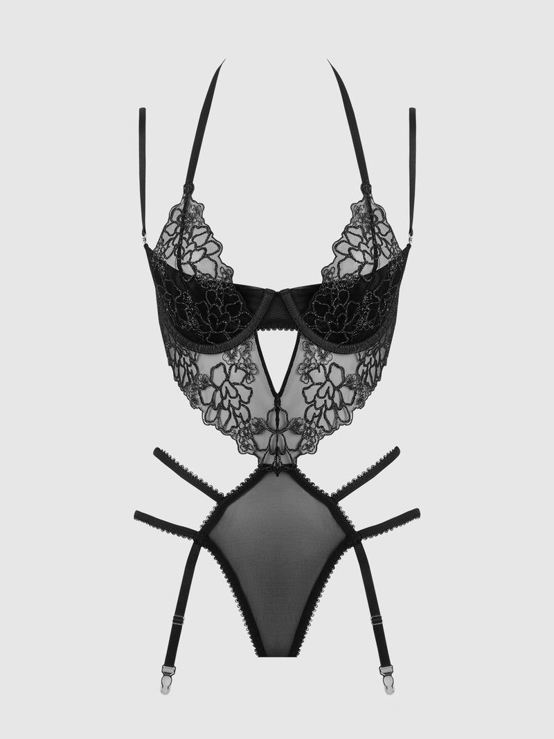 Eden Embroidered Lace Gartered Teddy Black