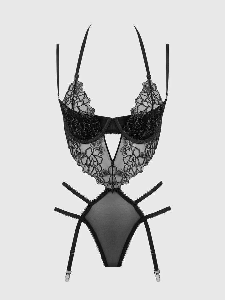 House of Desire Eden Embroidered Lace Teddy Black