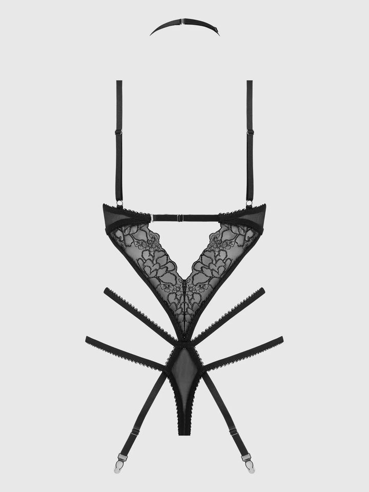 House of Desire Eden Embroidered Lace Teddy Black