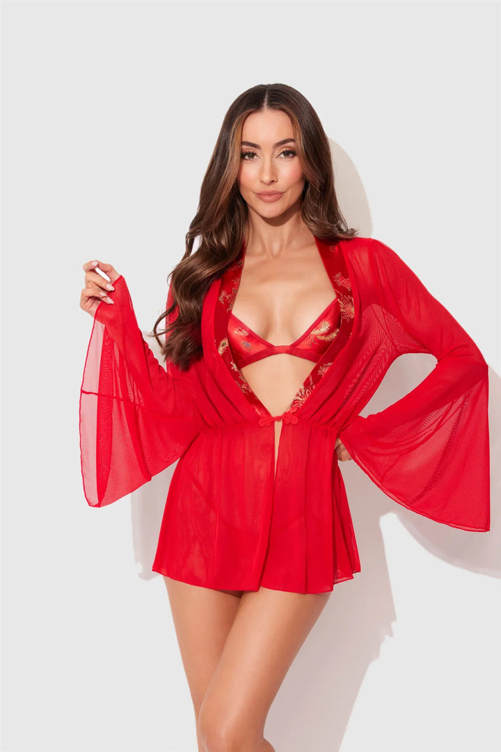 House of Desire Dragon Sheer Robe with Satin Bra & G-String Set Red