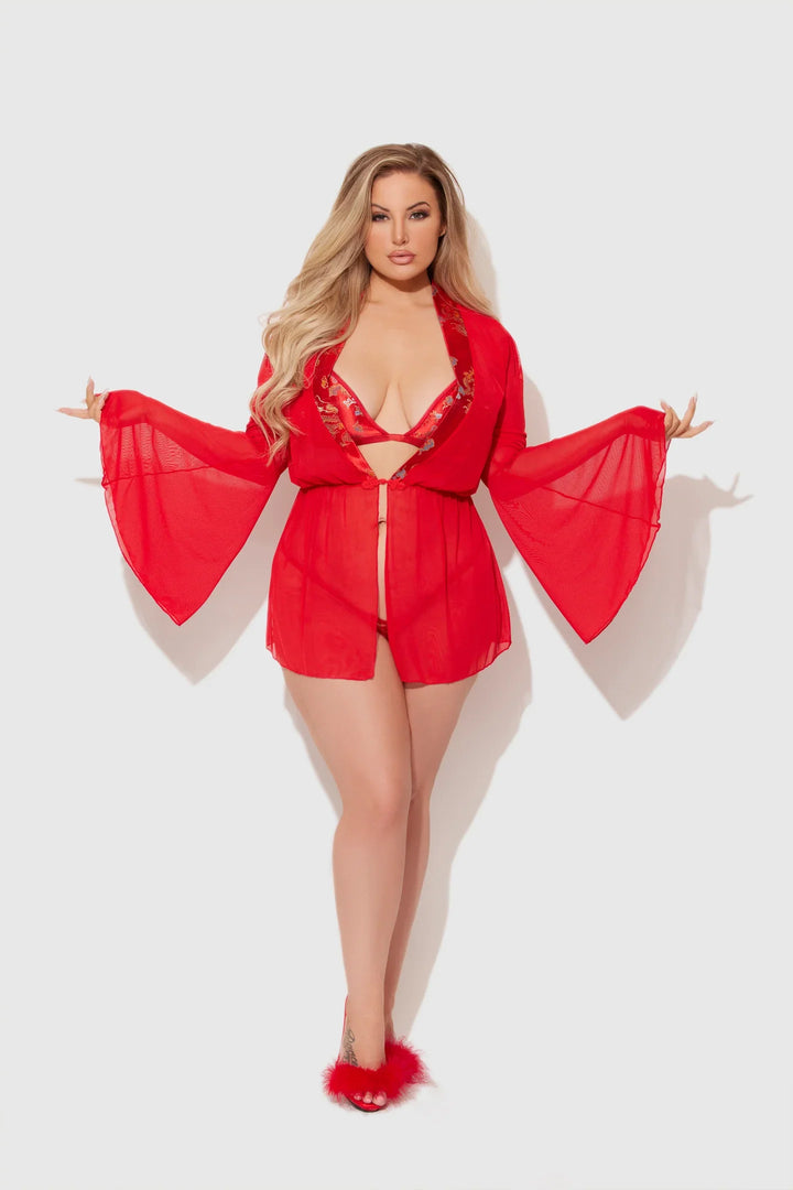 House of Desire Queen Dragon Sheer Robe with Satin Bra & G-String Set Red