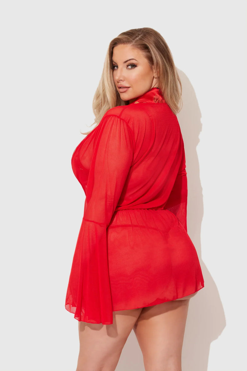 Queen Dragon Sheer Robe with Satin Bra & G-String Set Red