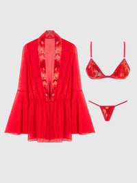 Queen Dragon Sheer Robe with Satin Bra & G-String Set Red
