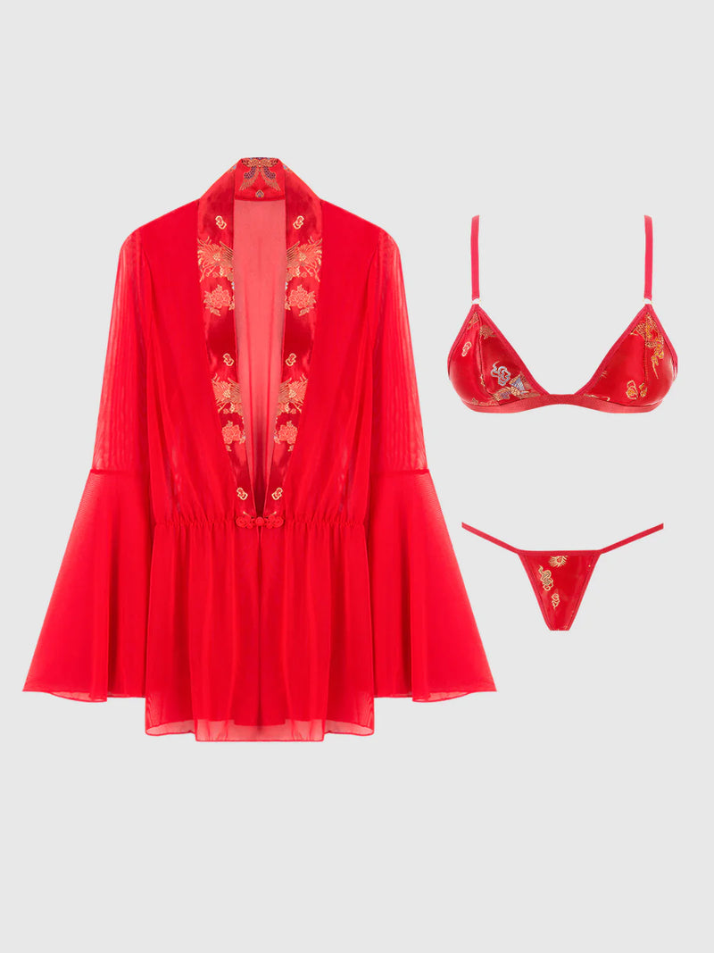 Queen Dragon Sheer Robe with Satin Bra & G-String Set Red