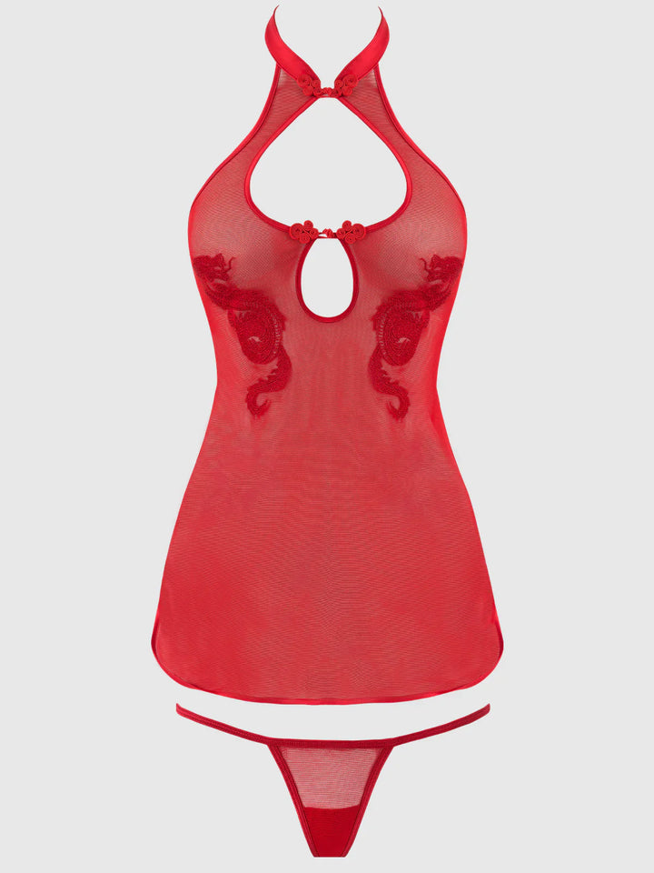 House of Desire Dragon Mesh & Applique Chemise Set Red