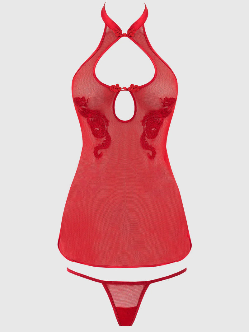 Queen Dragon Mesh & Applique Chemise Set Red