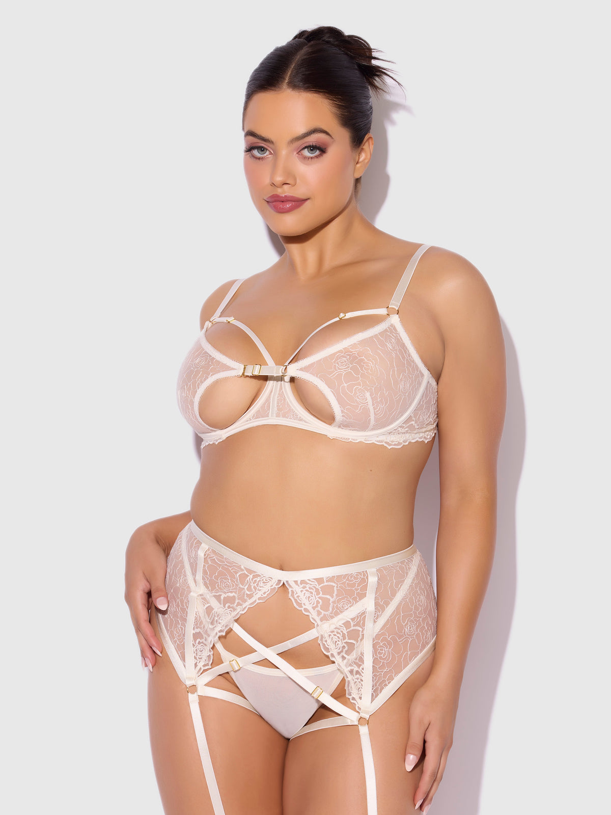 Rosalie Embroidered Lace Open Cup Bra Set Pearl Ivory