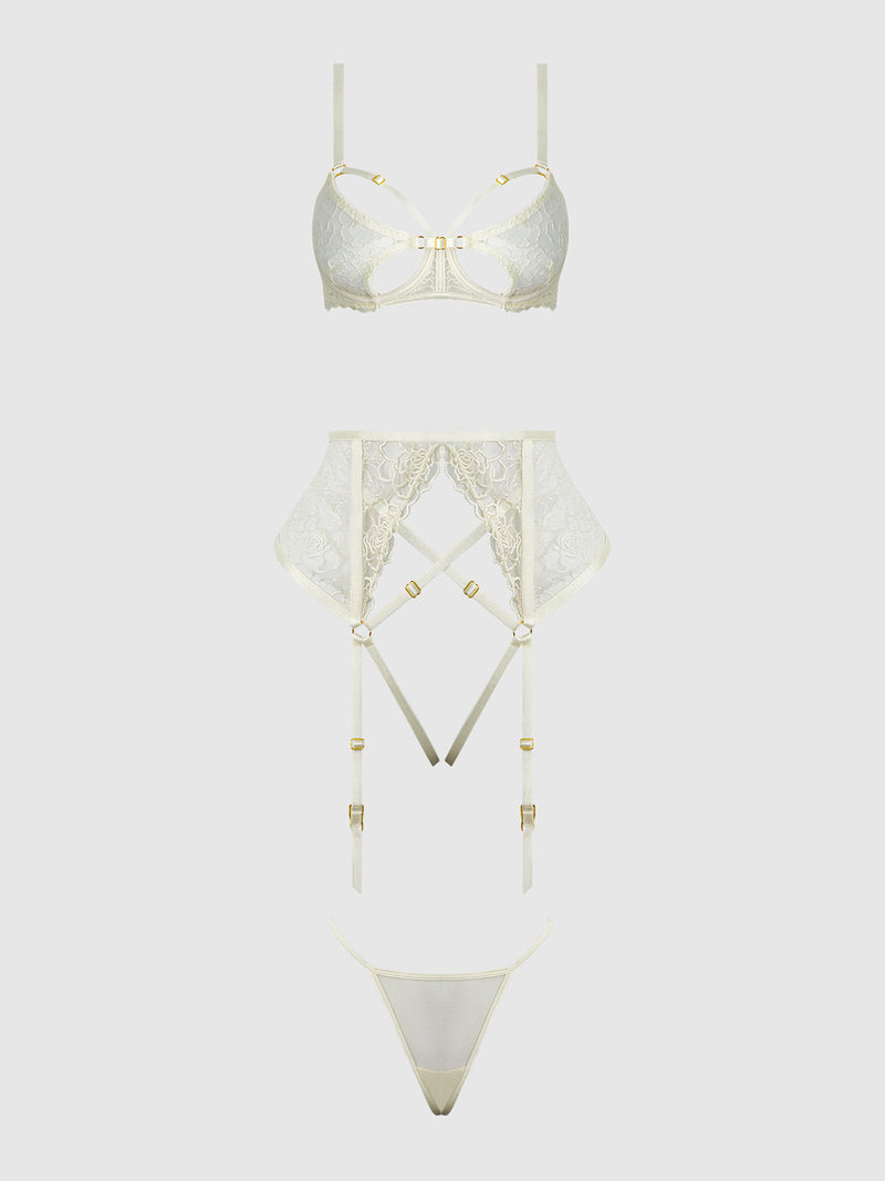 Bridal Rosalie Embroidered Lace Open Cup Bra Set Pearl Ivory