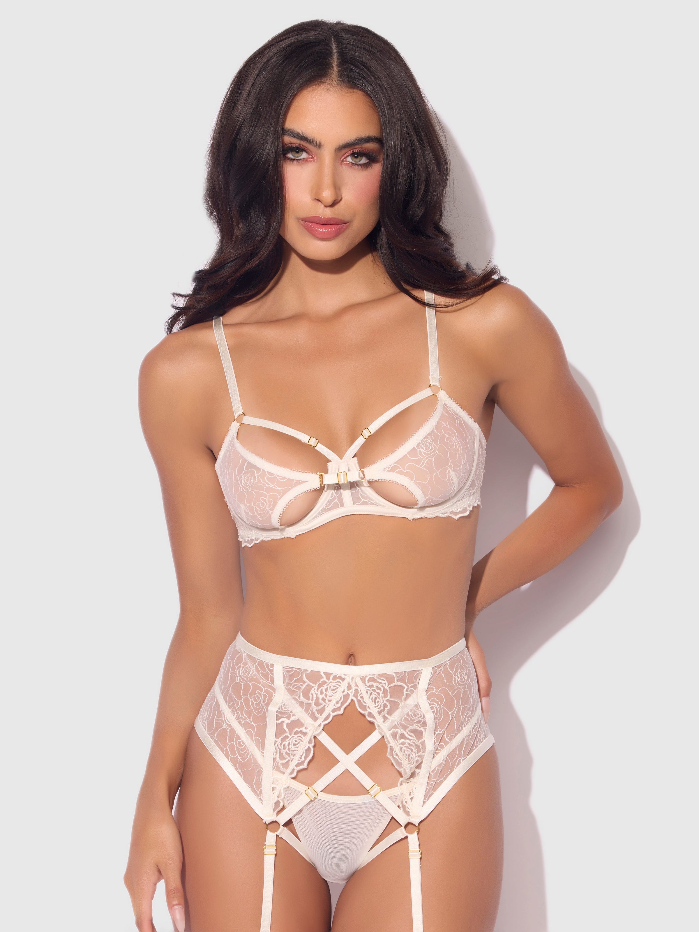 Bridal Rosalie Embroidered Lace Open Cup Bra Set Pearl Ivory