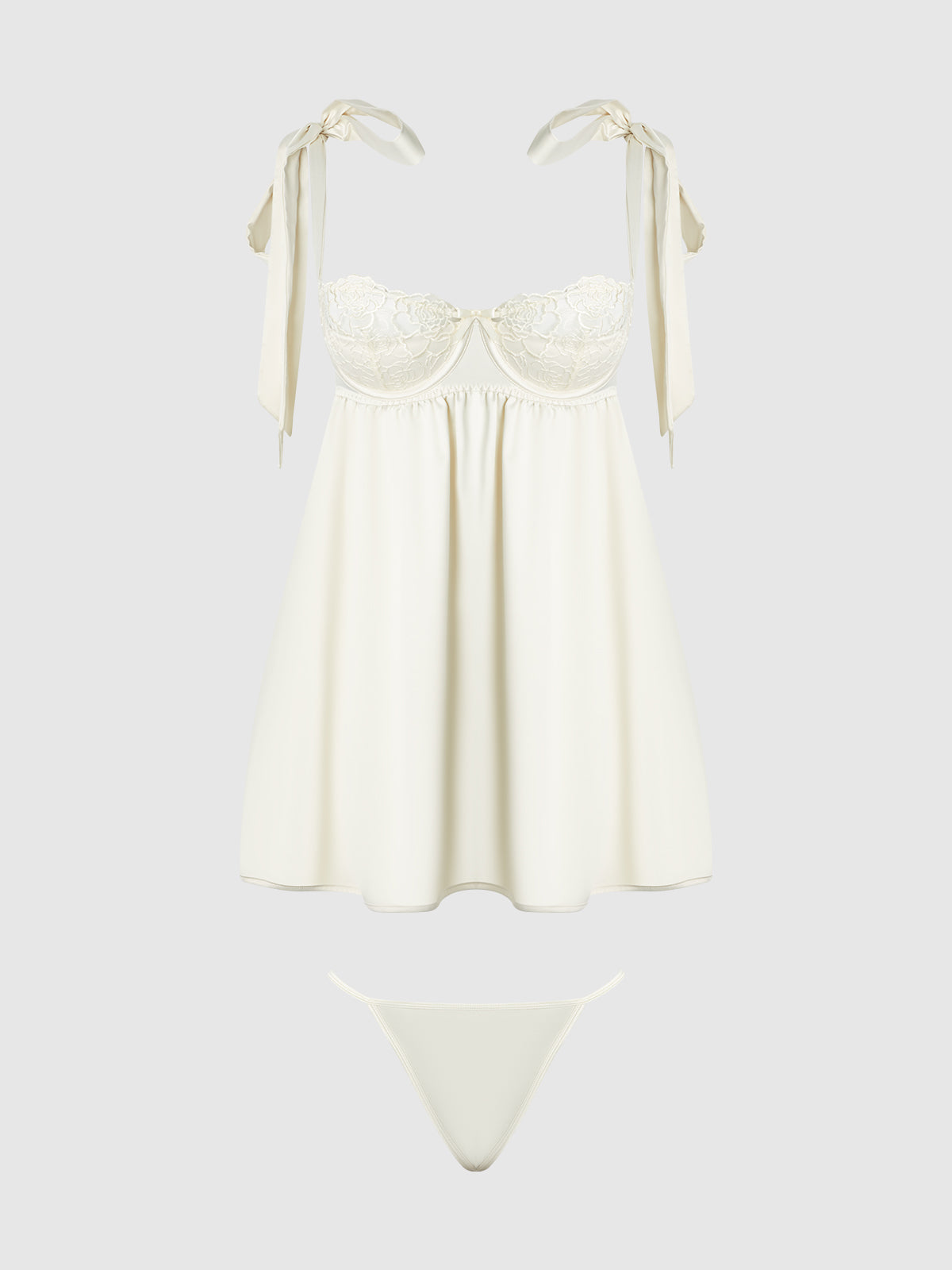 Rosalie Satin & Embroidered Lace Babydoll Set Pearl Ivory