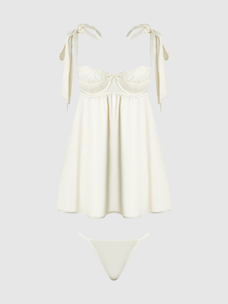 Bridal Rosalie Satin & Embroidered Lace Babydoll Set Pearl Ivory