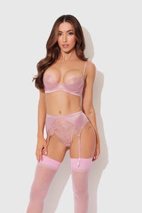 Blair Satin & Lace Bra, Garter & G-String Set Rose Pink