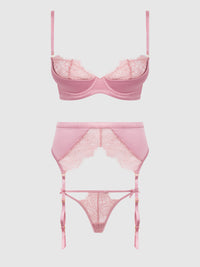Blair Satin & Lace Bra, Garter & G-String Set Rose Pink