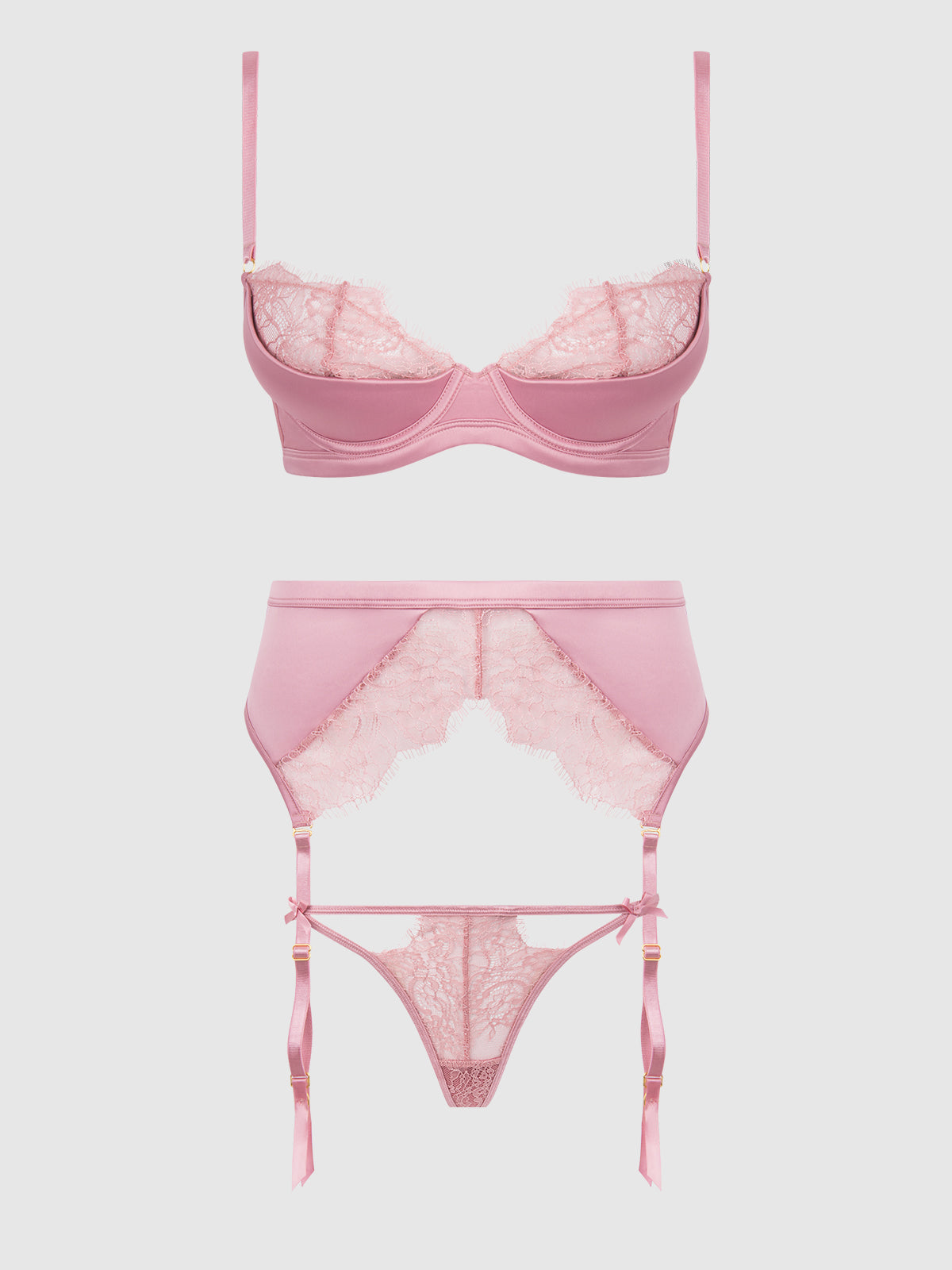 Blair Satin & Lace Bra, Garter & G-String Set Rose Pink