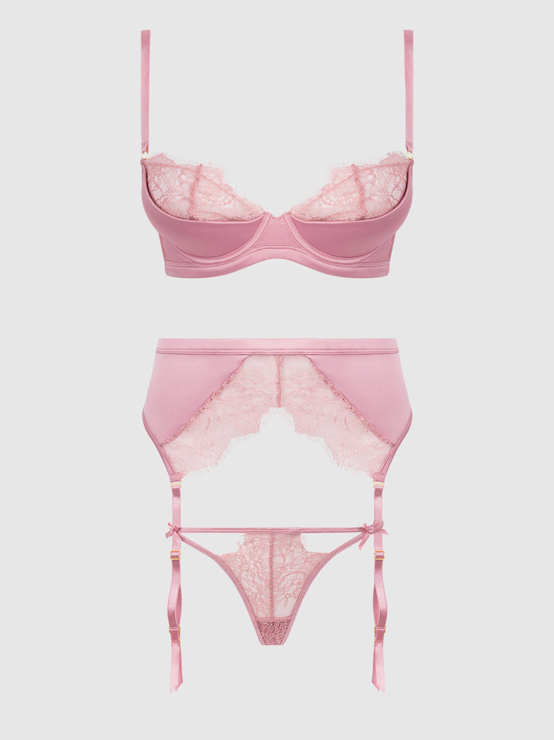 Blair Satin & Lace Bra, Garter & G-String Set Rose Pink