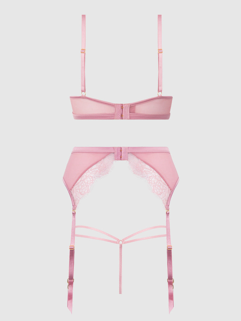 Blair Satin & Lace Bra, Garter & G-String Set Rose Pink