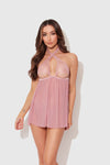 Blair Lace & Mesh Open Cup Babydoll & G-String Set Rose Pink