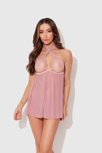 Blair Lace & Mesh Open Cup Babydoll & G-String Set Rose Pink