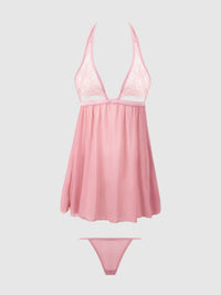 Blair Lace & Mesh Open Cup Babydoll & G-String Set Rose Pink