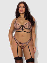Nova Blacklight Glow Lace Bra & Gartered Thong Set Black