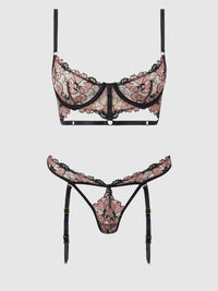 Nova Blacklight Glow Lace Bra & Gartered Thong Set Black