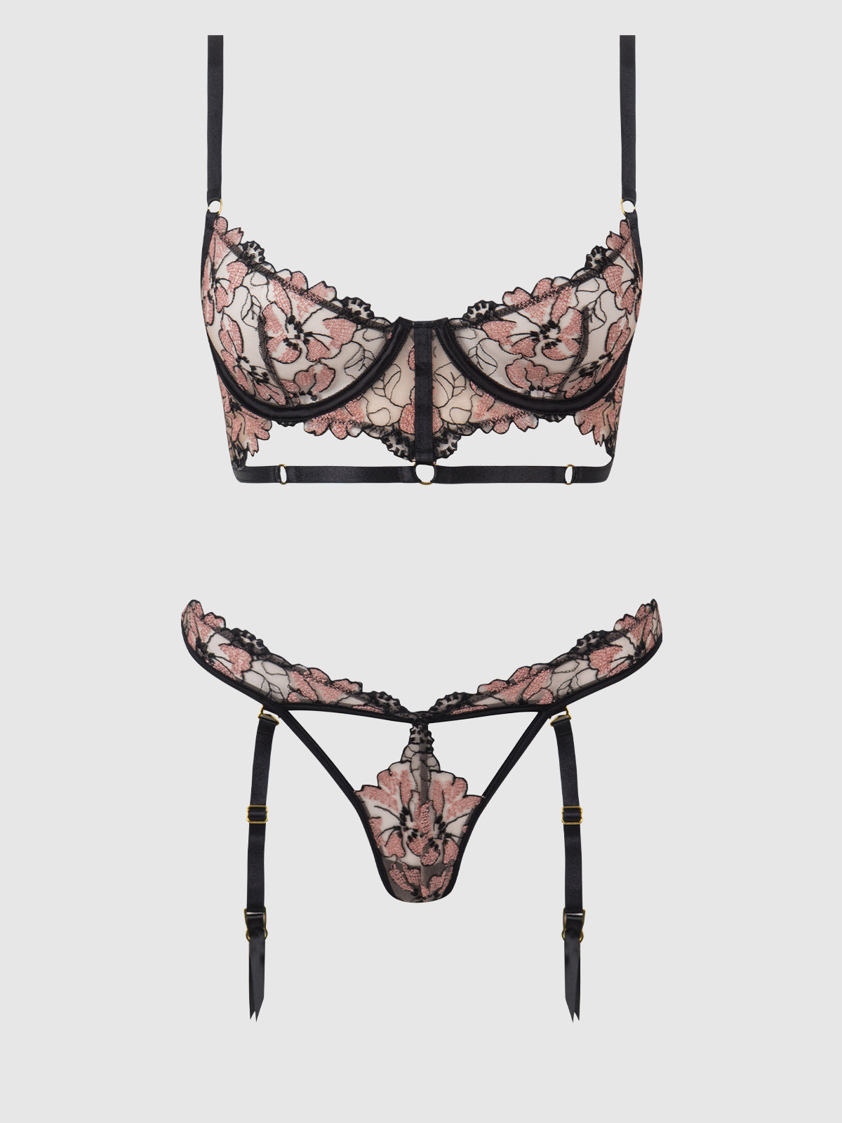 Nova Blacklight Glow Lace Bra & Gartered Thong Set Black