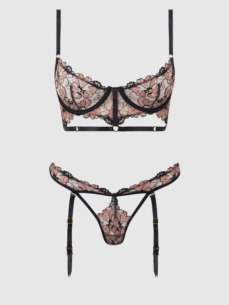 Nova Blacklight Glow Lace Bra & Gartered Thong Set Black