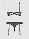 Nova Blacklight Glow Lace Bra & Gartered Thong Set Black