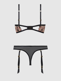 Nova Blacklight Glow Lace Bra & Gartered Thong Set Black