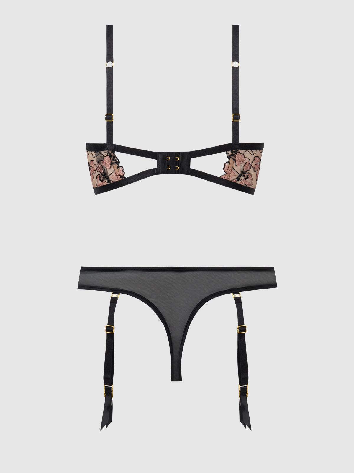 Nova Blacklight Glow Lace Bra & Gartered Thong Set Black