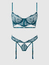 Nova Blacklight Glow Lace Bra & Gartered Thong Set Jaded Blue