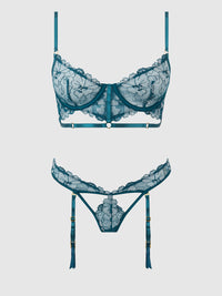Nova Blacklight Glow Lace Bra & Gartered Thong Set Jaded Blue