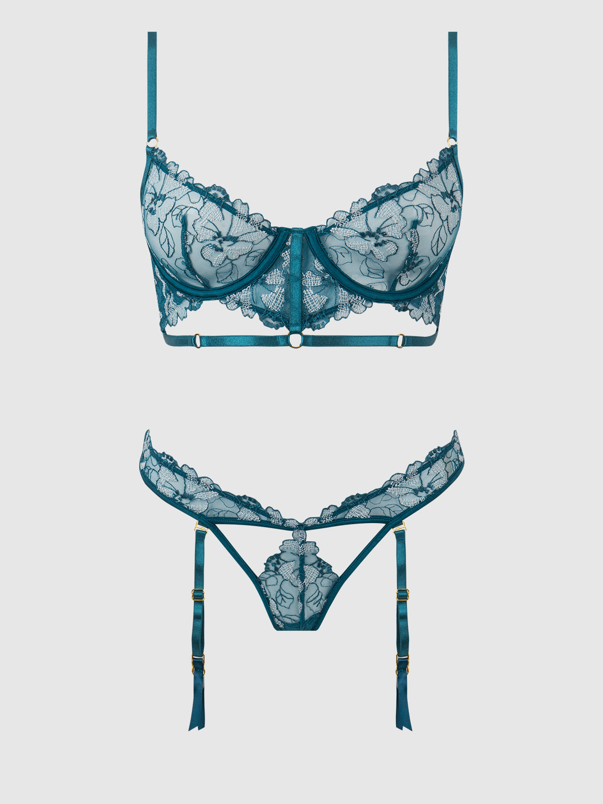 Nova Blacklight Glow Lace Bra & Gartered Thong Set Jaded Blue